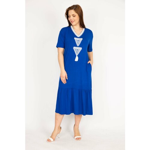 Şans Women's Saxe Blue Plus Size Embroidery Detail V-Neck Side Pockets Dress Slike