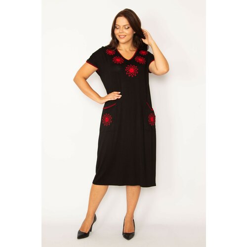 Şans Women's Plus Size Black Embroidered V Neck Viscose Dress Slike