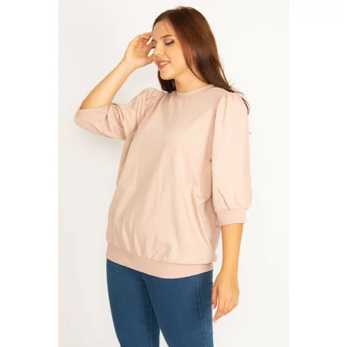Şans Women's Plus Size Powder Shoulder Gathered Detail Capri Sleeve Sweatshirt