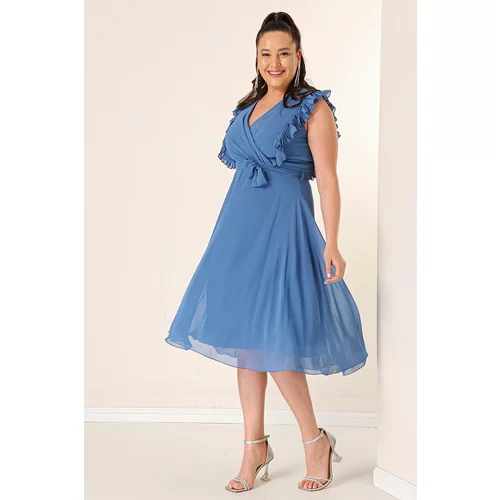 By Saygı Double Breasted Neck Pleated Waist Belted Lined Chiffon Plus Size Dress