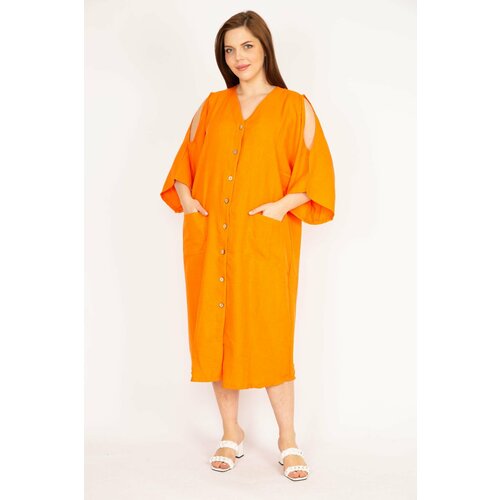 Şans Women's Orange Plus Size Decollete Decollete Front Button Dress Slike