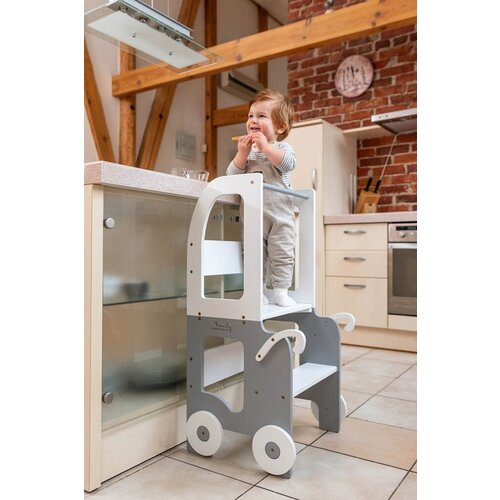ToddlerInFamily 2v1 MONTESSORI STOL�EK POMAGAL�EK-MOTIV VOZI�EK (VE� BARV)-Bela/Siva Cene