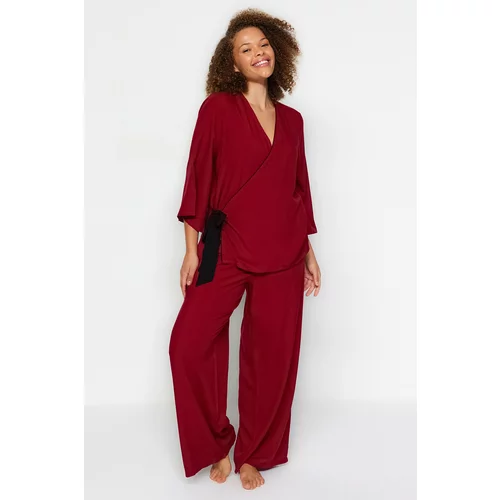 Trendyol Curve Plus Size Pajama Set - Burgundy - Plain