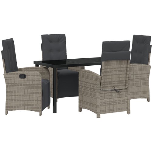 VidaXL 5-delna vrtna jedilna garnitura s blazinami siva poli ratan, vrtna miza črna 140x80x73 cm kaljeno steklo Slike