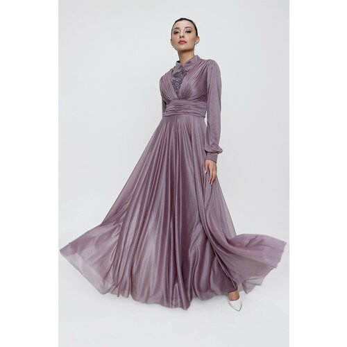 By Saygı Embroidered Front Pleat Lined Glittery Long Dress Purple Cene