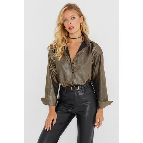 Cool & Sexy Women's Gold Color Striped Shiny Shirt Cene