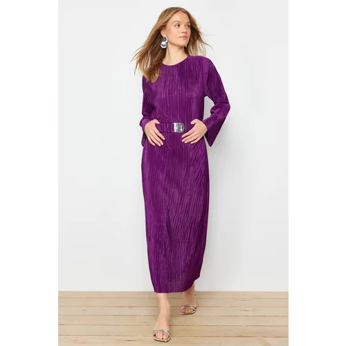Trendyol Purple Pleated Belt Detailed Knitted Dress
