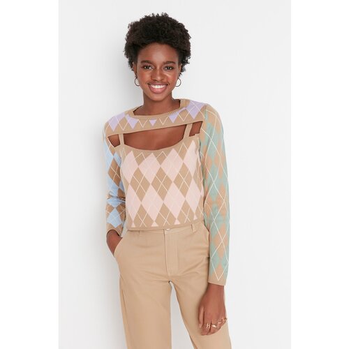 Trendyol Light Brown Baklava Jacquard Knitwear Sweater Slike