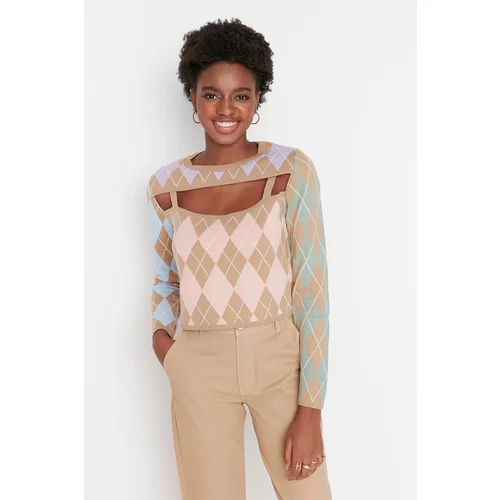 Trendyol Light Brown Baklava Jacquard Knitwear Sweater