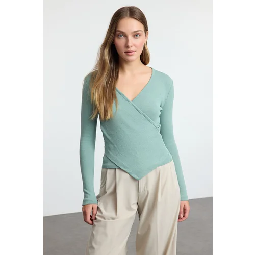 Trendyol Mint Fitted Double Breasted Neck Long Sleeve Ribbed Stretchy Knitted Blouse