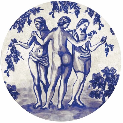  Okrugla fototapeta - Ancient vineyard - three women in a portal painted with blue ink 140x140 Cene