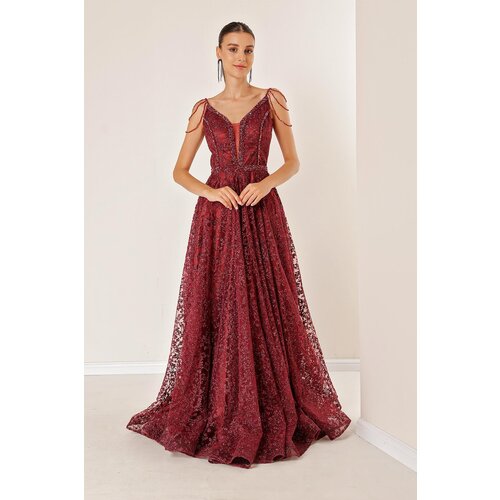 By Saygı Thin Straps, Beading Detailed, Tie Back Lined Flower Glitter Flocked Printed Long Dress Cijene