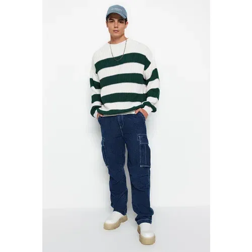 Trendyol Dark Green Men's Oversize Fit Wide Fit Crew Neck Striped Knitwear Sweater