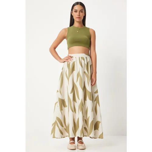 Happiness İstanbul Women's Cream Oil Green Patterned Maxi Skirt