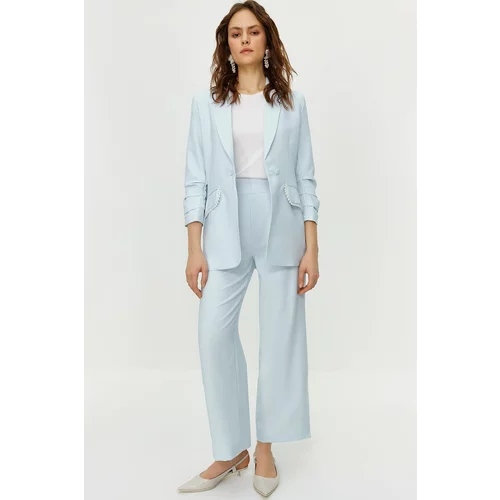 Trendyol Blue Pearl Detailed Crepe Woven Jacket Trousers Bottom Top Set