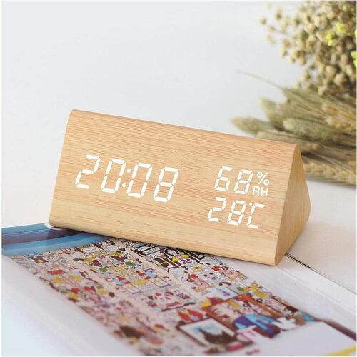 Venisymlis Digitalna Budilka Led Lesena Budilka Potovalna Budilka Z 2 Alarmoma/Prikazom Temperature/Vlažnosti, 3 Svetlosti, Nočna Omarica Za Spalnico, (22060465) Slike