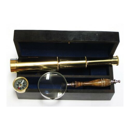 Diverse set teleskopa, kompasa i lupe od bakra u drvenoj kutiji ( WTrack2 ) Slike