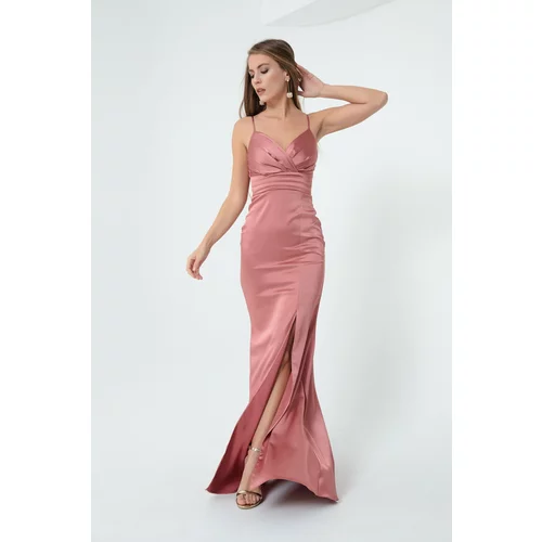 Lafaba Women's Salmon Straps and a Slit Long Satin Evening Dress Prom Prom.