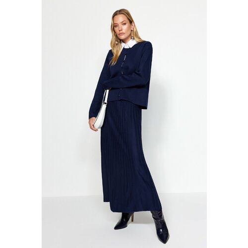 Trendyol Navy Blue Buttoned Cardigan-Skirt Knitwear Top and Bottom Set Slike
