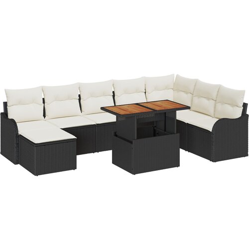 VidaXL 9-dijelni set vrtnih sofas s jastučićima crni poli ratan akacije, 2-sjedala vrtna sofa s jastučićima crni poli ratan Slike