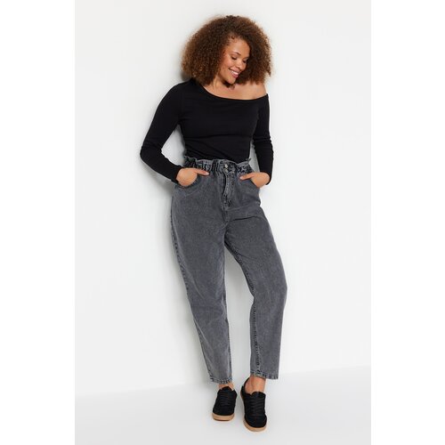 Trendyol Curve Gray High Waist Mom Jeans with Elastic Waist Cene