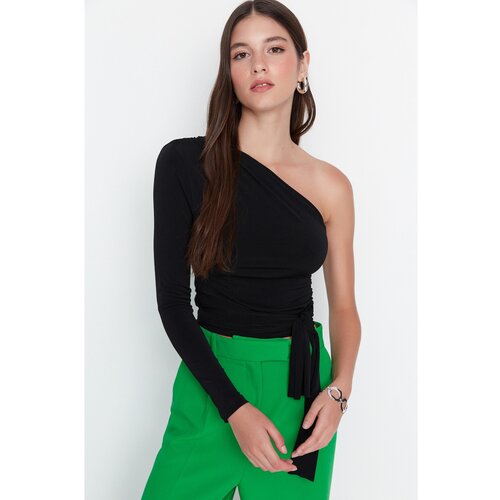 Trendyol Black Single Sleeve Tie Detailed Fitted Knitted Blouse Slike