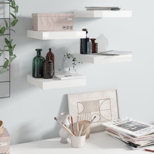 VidaXL Stenske police 4 kosi visok sijaj bele 23x23,5x3,8 cm MDF Slike