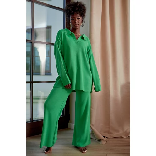 FASARDI Dámský pletený komplet se širokými nohavicemi zelené barvy