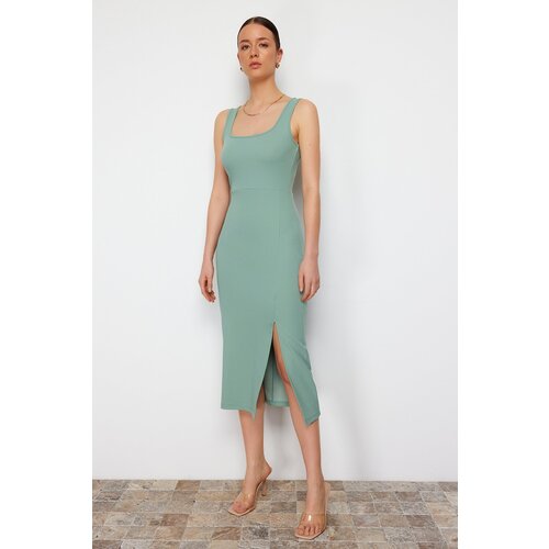 Trendyol Mint Fitted Square Neck Elastic Knitted Midi Dress With Slit Slike
