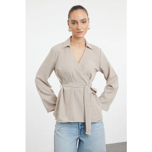 Trendyol Gray V-Neck Double Breasted Tie Detailed Woven Blouse