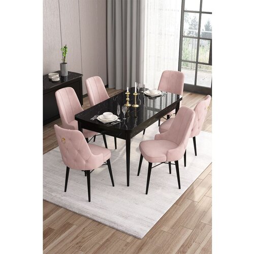 Hanah home Are - Black Marble, Pink Black MarblePink Extendable Dining Table & Chairs Set (7 Pieces) Cene