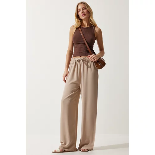 Happiness İstanbul Women's Beige Flowy Knitted Palazzo Trousers