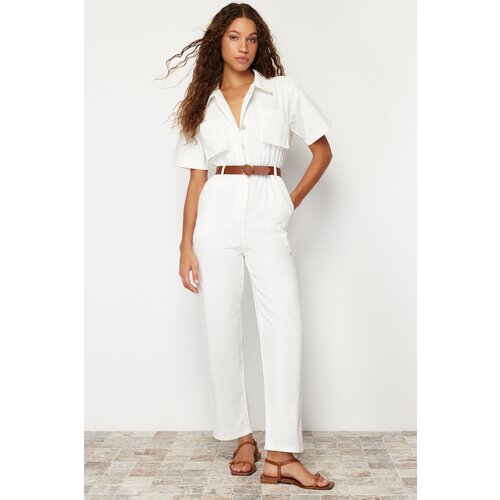 Trendyol White Short Sleeve Belted Denim Jumpsuit Cene