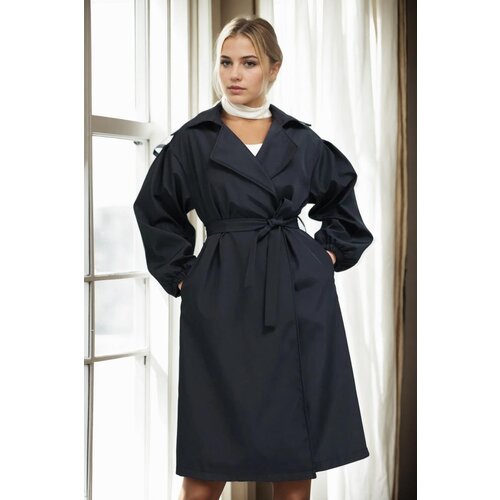 Dewberry 40345 Belted Balloon Sleeve Women Trenchcoat-BLACK Slike