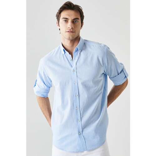 AC&Co / Altınyıldız Classics Men's Light Blue Comfort Fit Relaxed-Cut Buttoned Collar Casual Linen Shirt. Slike
