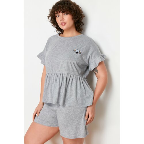 Trendyol Curve Gray Melange Koala Embroidered Single Jersey Knitted Pajamas Set Slike