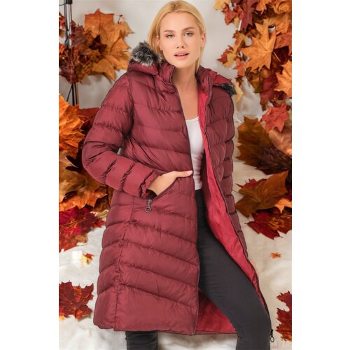 Dewberry Z6690 FUR HOODED LADIES&amp;#039; COAT-PLAIN BURGUNDY Slike