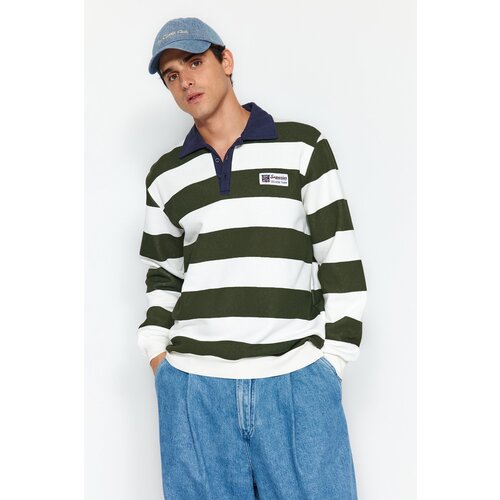 Trendyol Green Men's Regular/Regular Cut Polo Collar Striped Pullover with a Soft Pile Cotton Sweatshirt. Slike