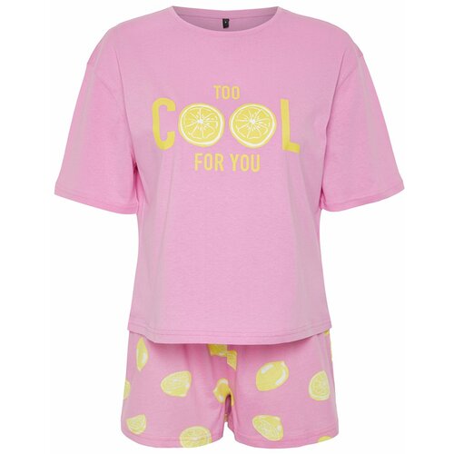 Trendyol Pink 100% Cotton Slogan Fruit Printed Knitted Pajamas Set Cene
