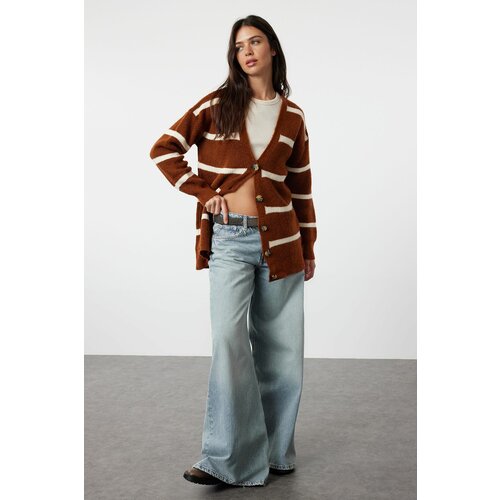 Trendyol Brown Wide Fit Soft Textured Striped Knitwear Cardigan Slike