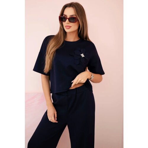 Kesi Włoski Buttery fabric set blouse with a flower + pants navy blue Cene