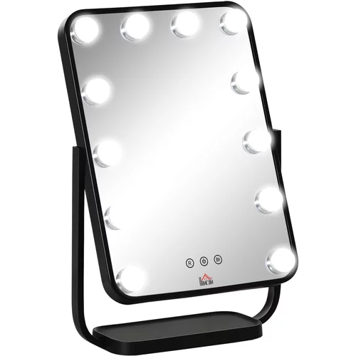 HOMCOM Hollywoodsko nagibno osvetljeno ogledalo za ličenje, namizno ogledalo z 12 lučmi LED in nastavljivo svetlostjo, črno, (20745481)