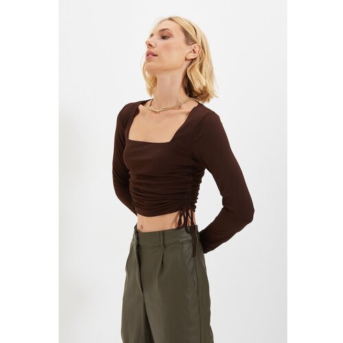 Trendyol Brown Square Neck Pleated Knitted Blouse Slike