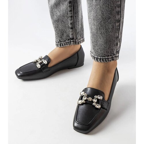 Gemre Black women's leather loafers with rhinestones square toe Marechal Cijene