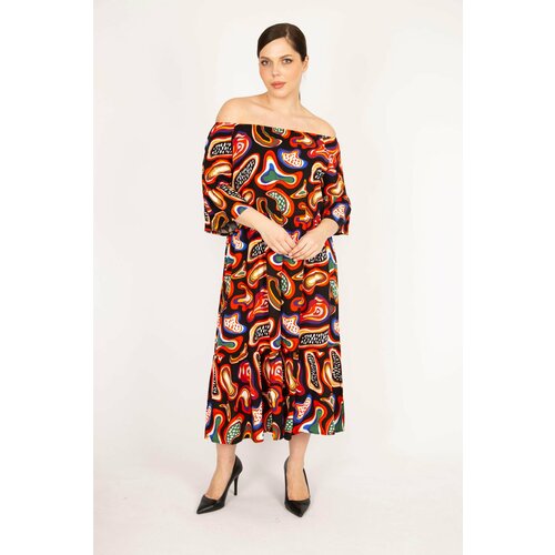 Şans Women's Colorful Plus Size Woven Viscose Fabric Collar Elastic Sleeve And Gathered Hem Dress Cene