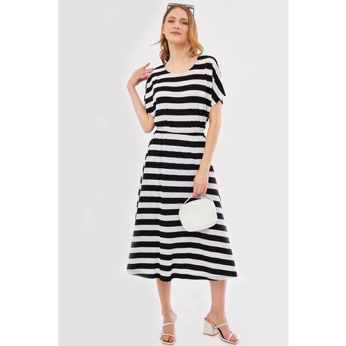 armonika Women's White Decatessera Dress Batwing Sleeve Waist Elastic Skirt Lined Striped Midi Length Slike