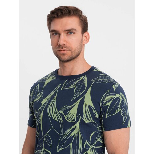 Ombre Men's full-print t-shirt in contrasting leaves - navy blue Slike