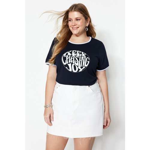 Trendyol Curve Navy Blue Printed Crop Knitted T-shirt Cene