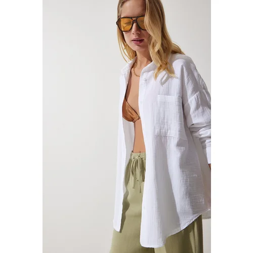  Women's White Pocket Oversize Muslin Shirt