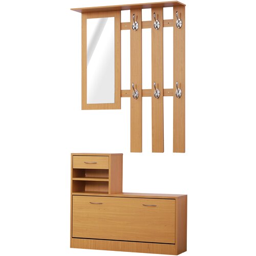 HOMCOM Garderobna omara z nastavljivo garderobo in ogledalom s 6 kljukami za predsobo in spalnico 90x22x116cm Les, (20745381) Cene